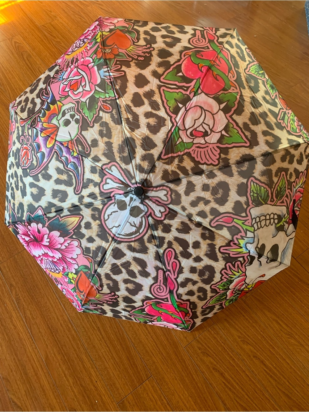 Ed Hardy Animal w/Skull & Butterfly Tattoo Print Compact Umbrella-NWT